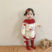网红宝宝毛衣套装秋装婴儿，针织毛线刺绣荷叶，领上衣+花边裤子