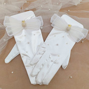 速发法式新娘结婚手套白色蝴蝶结缎面手套婚纱礼服短款全指手套