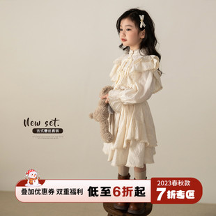 香港靓妞女童秋装，2023女宝宝秋季蕾丝，套装儿童国风素雅套裙