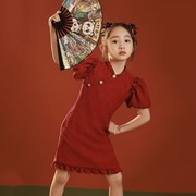 女童旗袍夏装复古公主裙中国风，红色儿童连衣裙，夏季女孩表演裙
