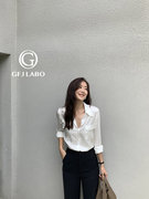 显瘦时髦 光泽感醋酸尖领口袋长袖修身衬衫GFJLABO定制纯色夏季女
