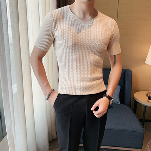 春秋韩版修身男士v领短袖，t恤时尚，青年紧身弹力打底衫针织体恤