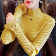 黄色蕾丝半高领针织衫女士秋冬季内搭紧身开叉，拼接毛衣打底衫上衣