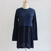 日本原单蕾丝(单蕾丝，)雪纺拼接针织连衣裙毛衣，套衫圆领长袖藏蓝色中长款