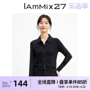 iammix27春季黑色针织衫，女短款修身显瘦百搭绵羊毛套头假开衫女薄