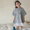 2024夏季韩系女童灰色印花短袖，t恤裙中长款网纱公主连衣裙子