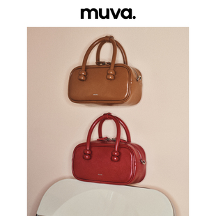 muva原创2023波士顿红色包包，手提包女春夏时尚百搭真皮斜挎包