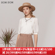 SOMSOM/索玛圆领套头镂空中袖羊毛针织衫女士秋季短款五分袖上衣