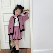 艾摩贝贝女童小香风毛衣套装儿童韩版撞色针织外套+百褶裙两件套