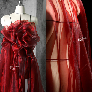 红色水晶纱 透视闪光设计师面料蕾丝婚纱蓬蓬纱透欧根纱婚礼布料