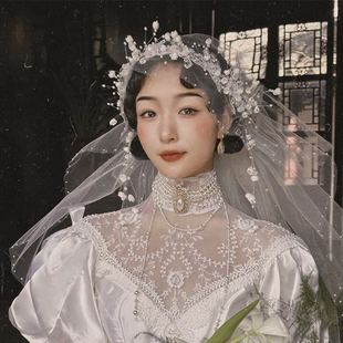 喜看原创法式复古铃兰，花瓣包头头纱新娘结婚白纱，礼服旅拍跟妆饰品