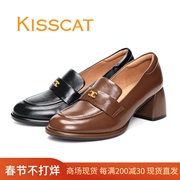 kisscat接吻猫2024春款粗跟羊皮，乐福鞋女鞋单鞋高跟鞋英伦小皮鞋