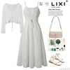 同款柔软蕾丝衫+镂空绣花棉质吊带白色连衣裙两件套度假套装