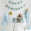 蓝色系男宝宝1周岁生日，布置背景墙家里毛球串餐椅装饰拉旗ins简约