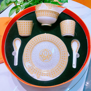 金色h马拉车餐具套装，欧式家用骨瓷餐具，摆台两人份碗盘勺10件装