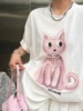 2024年夏季品卓娃圆领卡通猫咪刺绣后背拼接蕾丝宽松短袖T恤