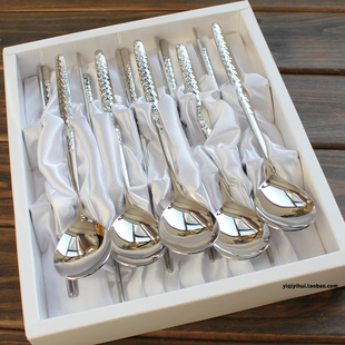 韩国进口SMF金属扁筷子勺子家用18-10不锈钢锤纹便餐厅餐具礼盒