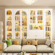 法式奶油风玻璃门书柜，整墙一体到顶钢制铁艺，带门书架客厅书房组合