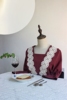 高级定制酒红色1920s经典复古裸色蕾丝领小喇叭袖连衣裙