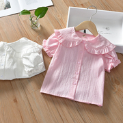 女童短袖衬衫夏季韩版娃娃领童装儿童棉麻上衣夏女宝宝白色衬衣