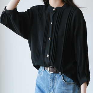 2024春夏韩版宽松女式时尚衬衣黑色显瘦雪纺七分袖立领薄衬衫
