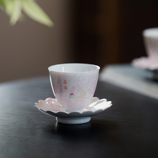 纯手绘桃粉陶瓷茶杯个人专用女主人杯带杯垫不烫手家用品茗杯单杯