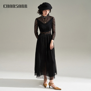 香莎chansarr优雅气质黑色杨柳丝(杨柳丝)拼蕾丝连衣裙别致性感a摆长裙