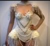 性感白色珍珠铆钉连体衣短裤女歌手舞台演出服装
