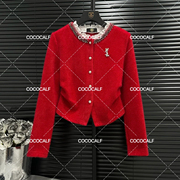 欧货红色小香风针织衫，女2023秋冬洋气复古荷叶，边圆领开衫外套
