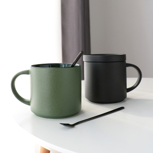 北欧简约磨砂陶瓷马克杯，带盖勺办公室咖啡杯子，复古茶杯大容量水杯