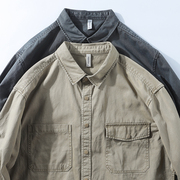 秋季美式工装衬衫男复古水洗重磅纯棉，灰色长袖衬衣厚休闲外套
