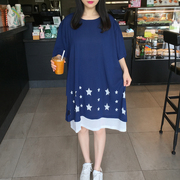 2024夏季韩国东大门大码女装，宽松中长款蝙蝠袖，短袖拼接雪纺连衣裙
