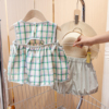 韩国女童夏日格子套装绿色小清新色织格纹娃娃衫背心裙短裤两件套