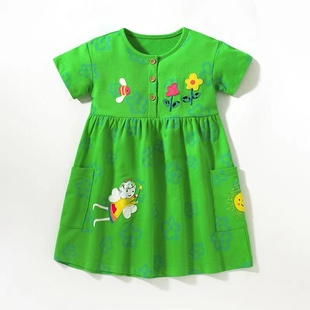 可爱女童翠绿色短袖连衣裙2023宝宝纯棉夏装儿童田园风小童T恤裙8