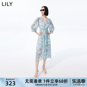 LILY夏女装浪漫印花复古泡泡袖气质通勤高腰七分袖连衣裙