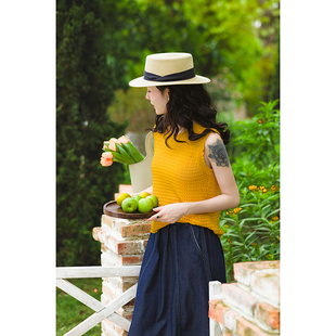 夏装法式镂空勾花针织衫，姜黄色(姜黄色)