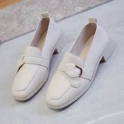 日韩系甜美公主女鞋敞口，丝绸蝴蝶结圆头，中跟粗跟皮鞋黑色米色单鞋