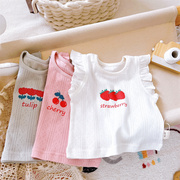 6个月宝宝T恤柔软可爱甜美婴儿夏季轻薄外穿无袖背心小飞袖上衣棉