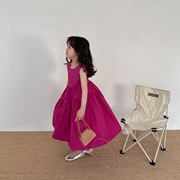 女童韩版火龙果色连衣裙时尚洋气背心裙儿童大裙摆无袖设计感裙子