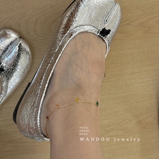 wandou钛钢不掉色七彩色锆石，设计感脚链简约大方细链足链露脚踝