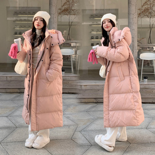 2023年韩版中长款粉红色，羽绒服女冬季加厚小个子，连帽过膝棉服