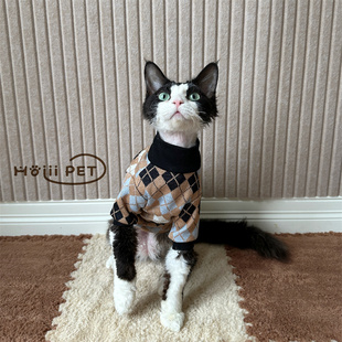 HOiii PET 复古英伦风格子针织卫衣德文猫衣服无毛猫衣服保暖舒适