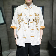 夏季短袖T恤男中国风冰丝唐装汉服龙纹刺绣盘扣大码衬衫薄款外套