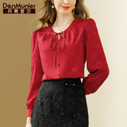 丹慕妮尔通勤时尚提花红色，上衣女高级感2024春季气质百搭衬衫