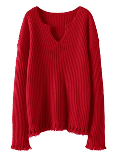 龙年高端大红色v领毛衣女款2024新年过新年设计感流苏毛边羊绒衫