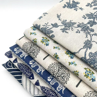 复古风蓝色系列棉麻，布料碎花布头处理桌布，沙发盖布窗帘布面料