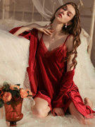 睡衣女春秋款金丝绒性感睡裙，两件套装2023红色，结婚新娘晨袍冬