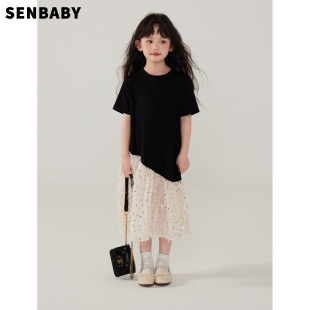 senbaby女童连衣裙儿童夏装，裙子女孩韩版不规则短袖，t恤拼纱休闲裙