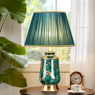 大气美式墨绿色台灯全铜中式大号客厅卧室床头灯遥控调光复古轻奢