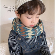 日本儿童毛线围脖冬季2-12岁男童脖套女童多边形格子加厚围巾